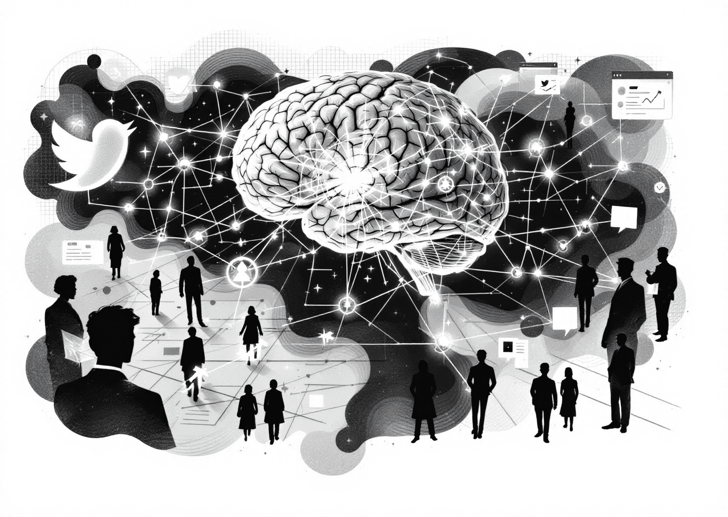 A Victorian engraving style illustration. A central, stylized brain with neural patterns is connected by glowing lines to silhouettes of figures on a network graph. In the background, subtle elements of the X/Twitter UI like notification bells and timeline scrolls are visible. Upward-trending chart arrows are integrated into the network graph, symbolizing growth. The overall mood is one of intricate, intelligent strategy.