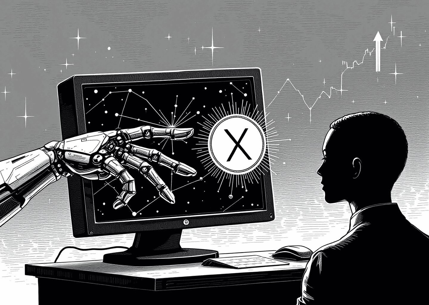 Victorian engraving style illustration. A robotic hand extends from a classic computer monitor, offering a key with an X logo on it to a silhouette figure. In the background, subtle neural network patterns and upward-trending stock charts are etched into the scene. The style is detailed, monochrome, with cross-hatching.