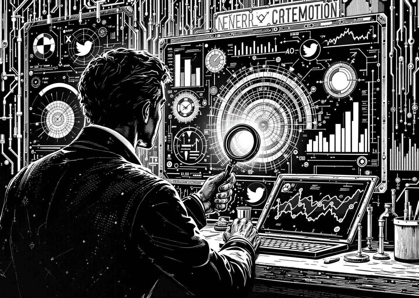 Victorian engraving style illustration of a figure analyzing a complex dashboard filled with upward trending charts and neural network patterns. In the background, subtle X/Twitter bird logos are integrated into the machinery. The figure holds a magnifying glass over a specific data point, representing deep analysis. The overall mood is one of intellectual discovery and strategic insight.