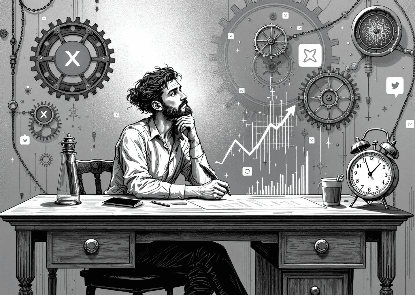 A Victorian engraving style illustration. A thoughtful creator sits at a desk, a quill in one hand and a glowing, digital neural pattern in the other. In the background, gears and clockwork mechanisms blend with floating X/Twitter logos and small notification icons. An upward-trending chart is subtly etched into the desk's surface, symbolizing growth.