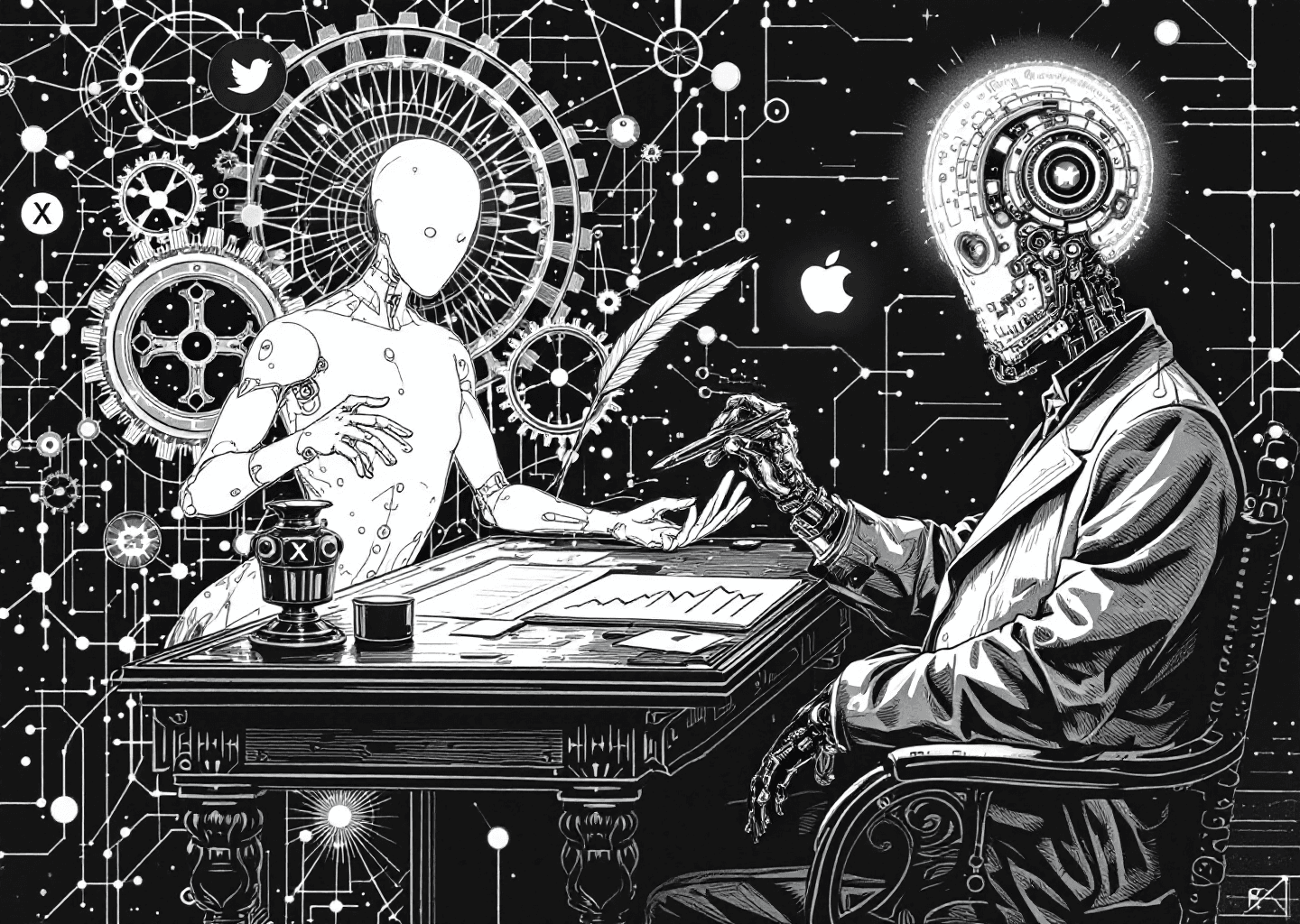 A Victorian engraving style illustration of a figure at a vintage writing desk. A ghostly, robotic hand made of light and circuits offers a quill pen. In the background, a complex system of gears merges with glowing neural network patterns and subtle X/Twitter logo icons. An upward-trending stock chart is etched into the desk.