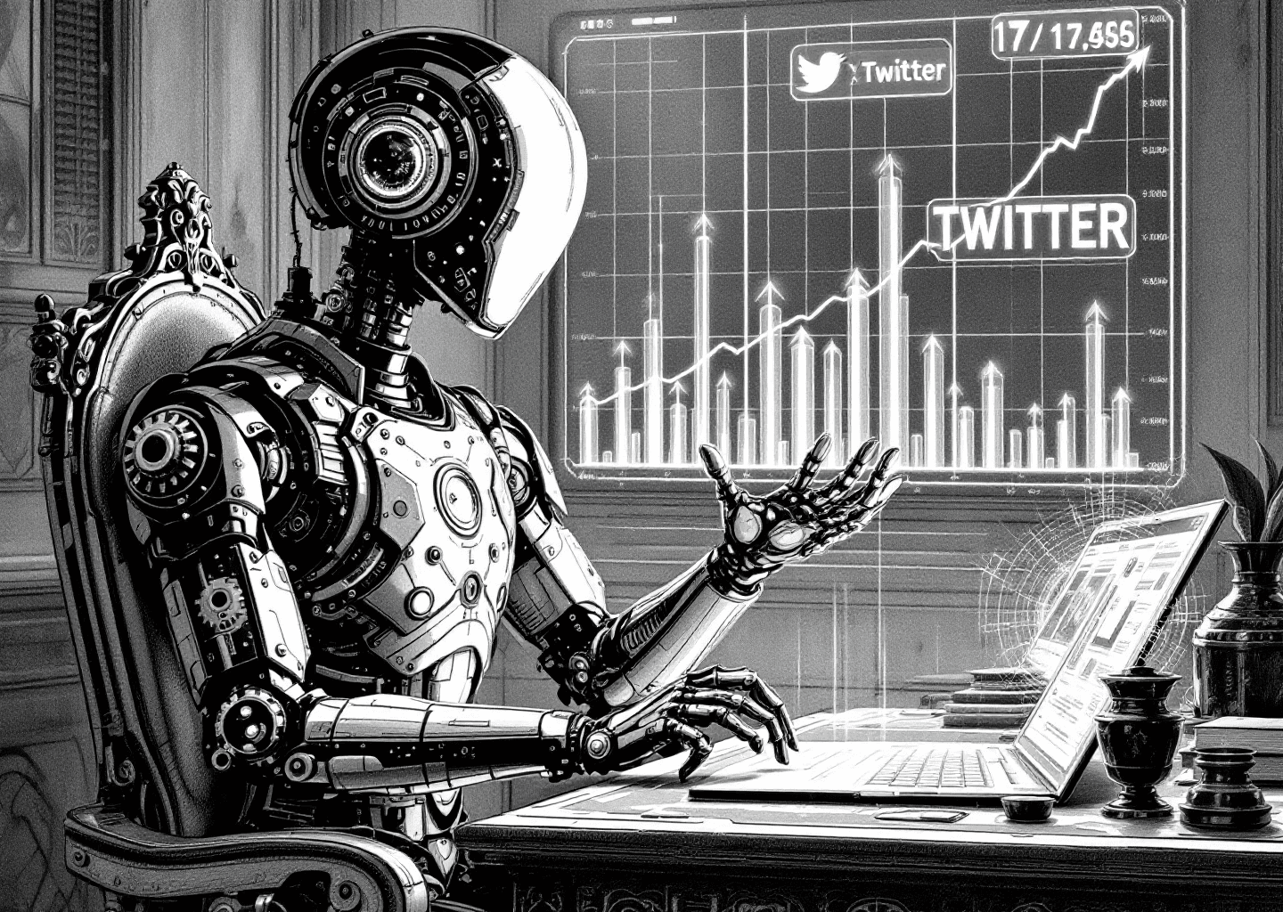 A Victorian engraving style illustration of a sophisticated automaton with visible gears, sitting at an ornate desk. The automaton is managing multiple glowing X/Twitter timelines on a holographic display. In the background, a stock market-style chart shows a steep upward growth curve. The style is detailed, black and white, with intricate line work.