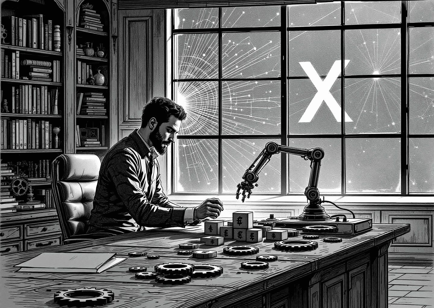 Victorian engraving style illustration of a marketer at a large wooden desk. On the desk are gears and a small, elegant robot arm arranging wooden blocks with hashtag symbols (#). In the background, a large window shows a branching neural network pattern superimposed over a subtle X logo. The mood is one of intelligent creation and strategic thinking.