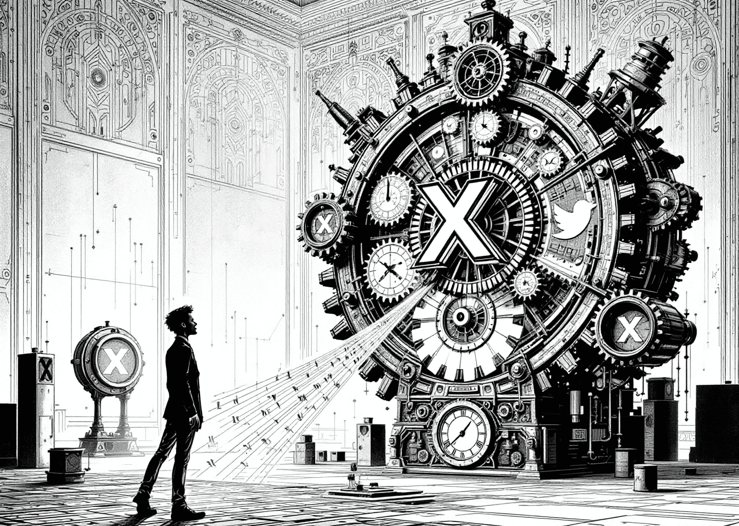 A Victorian engraving style illustration of a single figure, a solopreneur, standing before a large, intricate clockwork machine. The machine has gears shaped like the X logo and is emitting streams of data represented by glowing neural patterns. The figure is calmly directing the machine, which is producing a timeline of perfectly crafted tweets. Upward-trending charts are subtly etched into the background.