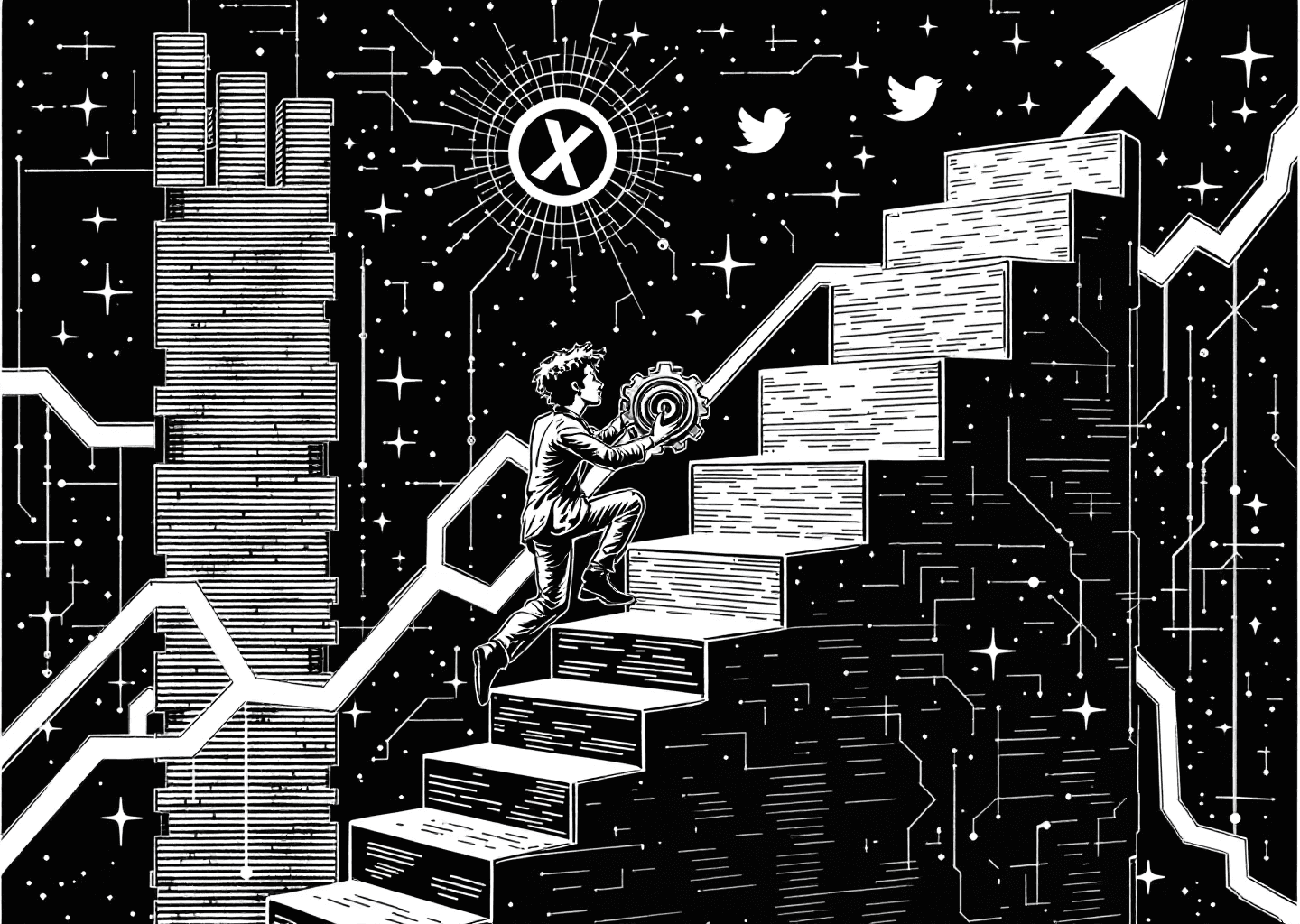A Victorian engraving style illustration of a person climbing a steep upward-trending stock chart made of digital blocks. In the background, subtle neural network patterns and faint X/Twitter bird logos are visible. The person is holding a gear-like tool, symbolizing the AI growth tool.