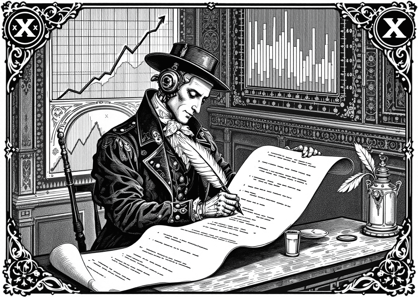 Victorian engraving of a sophisticated automaton with a quill pen, writing on a long scroll that resembles a Twitter feed. In the background, charts show upward trending lines, and faint X logos are integrated into the ornate border patterns. The style is detailed, technical, and elegant.