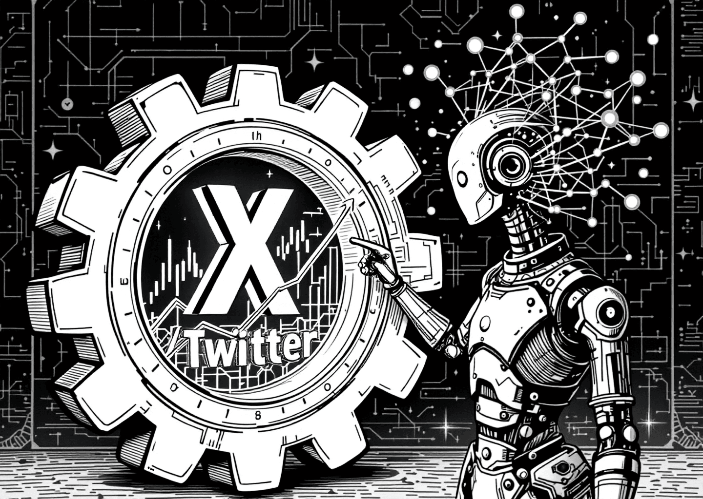 A Victorian engraving style illustration. A sophisticated android figure stands before a large, ornate gear mechanism. Inside the gear, a glowing X/Twitter logo is visible. The android is pointing at an upward-trending stock chart, and neural network patterns emanate from its head. The background is a subtle, blueprint-like drawing of a social media timeline.