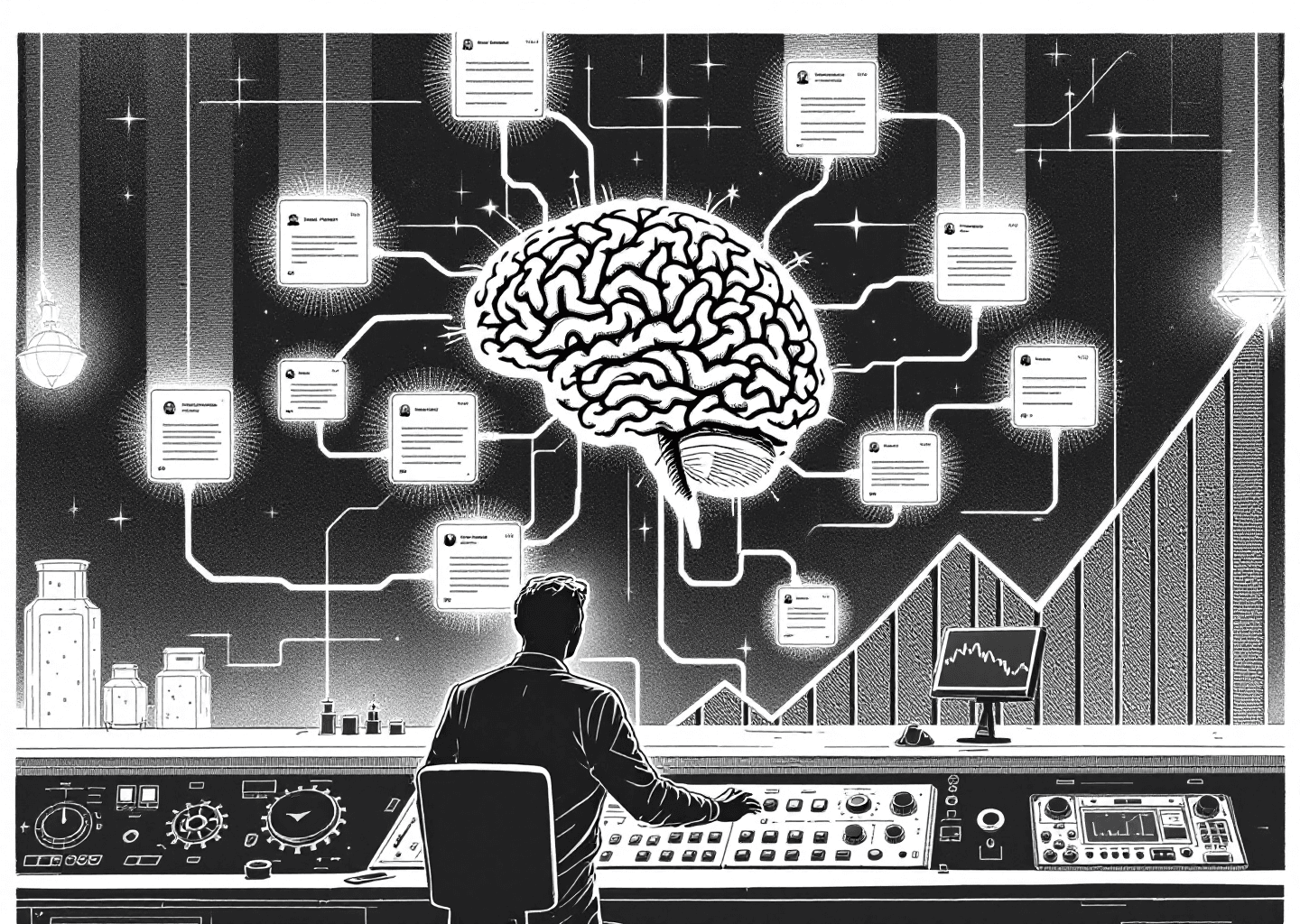 A Victorian engraving style illustration. A central, stylized brain with neural patterns is connected by glowing lines to multiple X/Twitter post interfaces. A silhouette of a person stands at a control panel with gears and dials, curating these posts. In the background, an upward-trending stock chart is subtly etched into the scene, symbolizing growth.