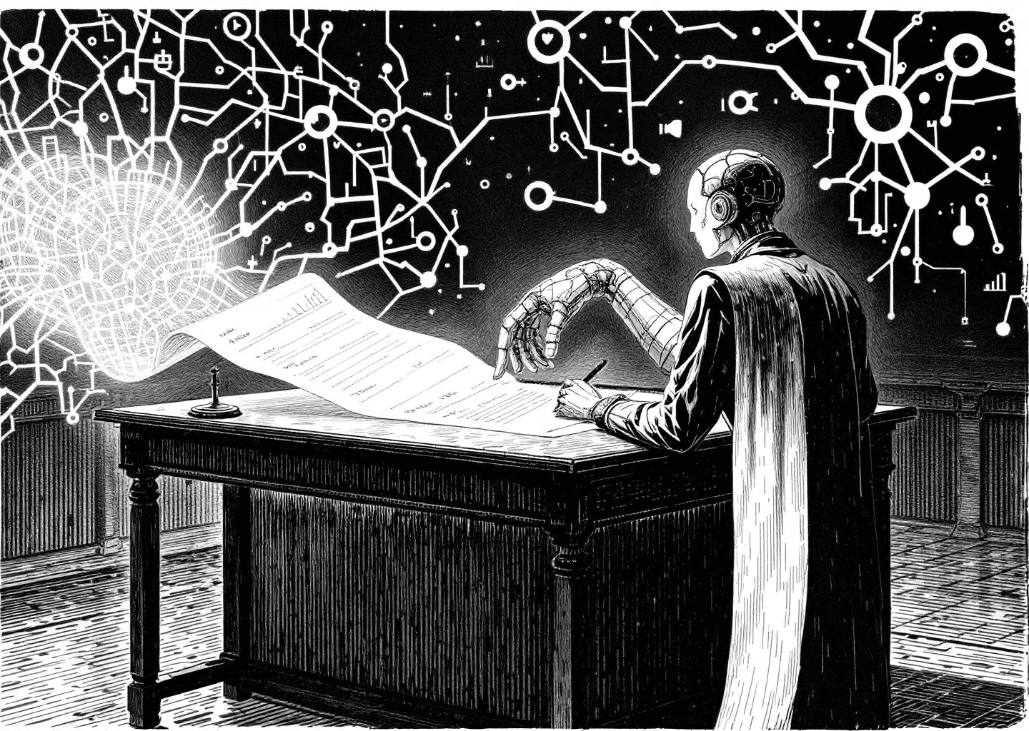 Victorian engraving style illustration of a figure at a large wooden desk. A ghostly, robotic hand extends from a glowing neural network pattern, writing on a long scroll that resembles an X/Twitter timeline. Upward-trending charts and small 'like' and 'retweet' icons are subtly etched into the background. The mood is one of collaboration between human intellect and artificial intelligence.