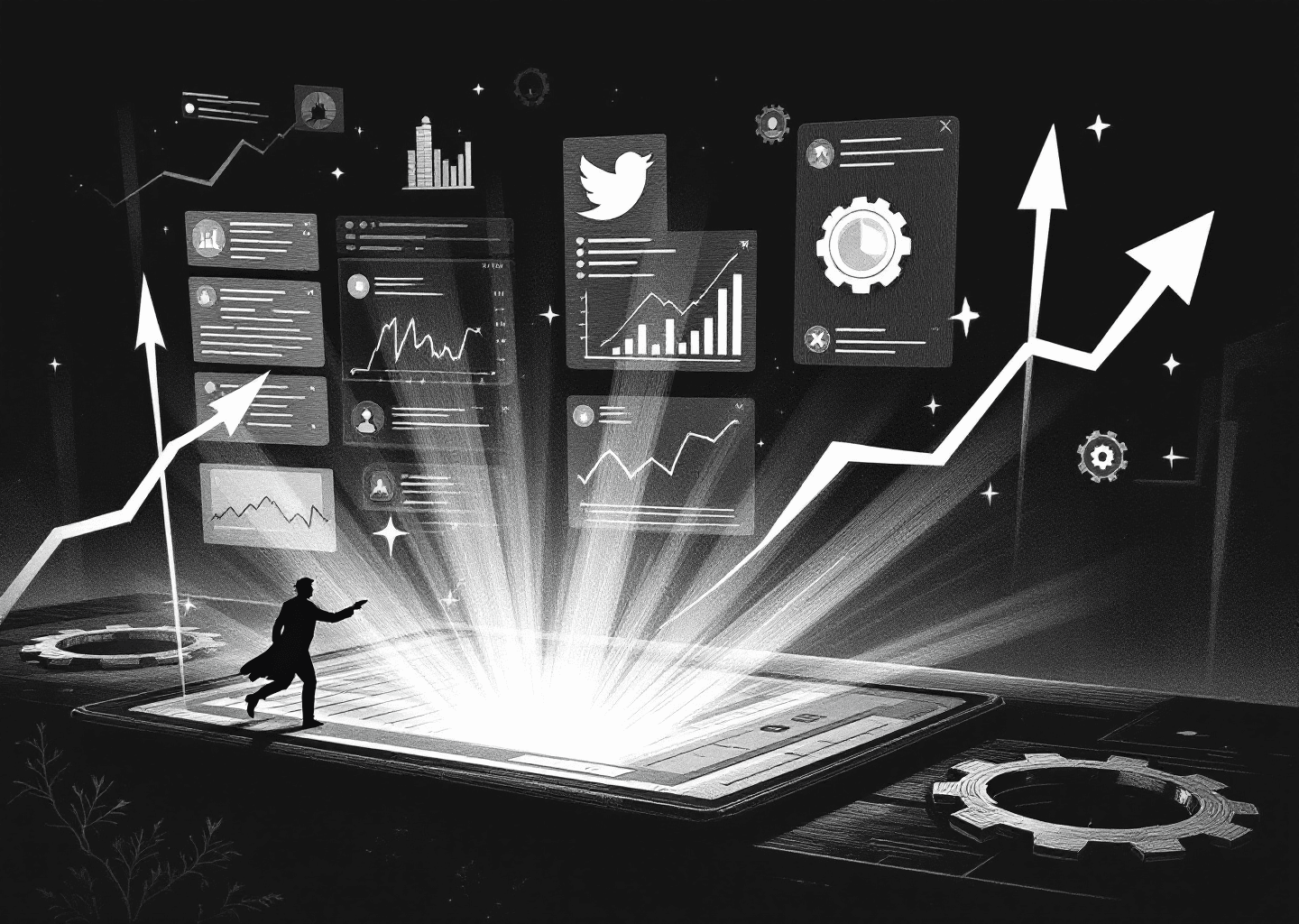 A Victorian engraving style illustration showing a pointing hand (like a classic CTA) emerging from a digital X/Twitter feed. In the background, subtle elements like upward-trending charts, a silhouette figure climbing a staircase, and faint gear icons are visible. The style is detailed, monochrome, and authoritative.