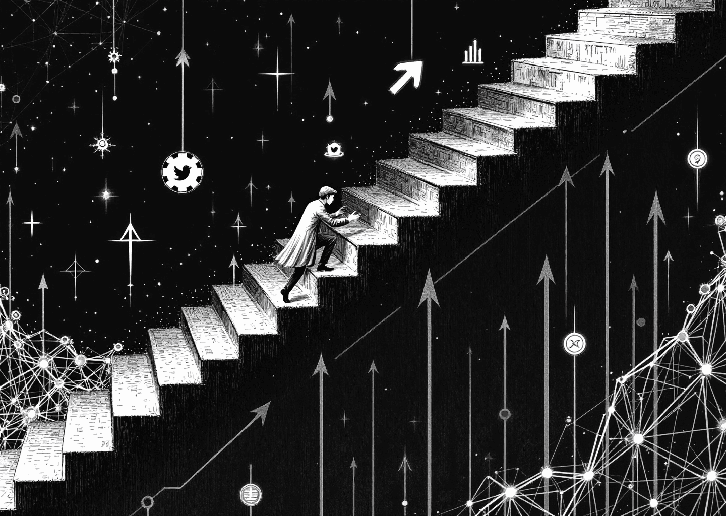 Victorian engraving style illustration of a figure climbing a staircase made of X/Twitter timeline posts. Upward trending arrows and charts are etched into the background. A subtle, glowing neural network pattern overlays the scene, with small gear and wrench icons floating near the figure's hands, symbolizing AI-powered tools for growth.