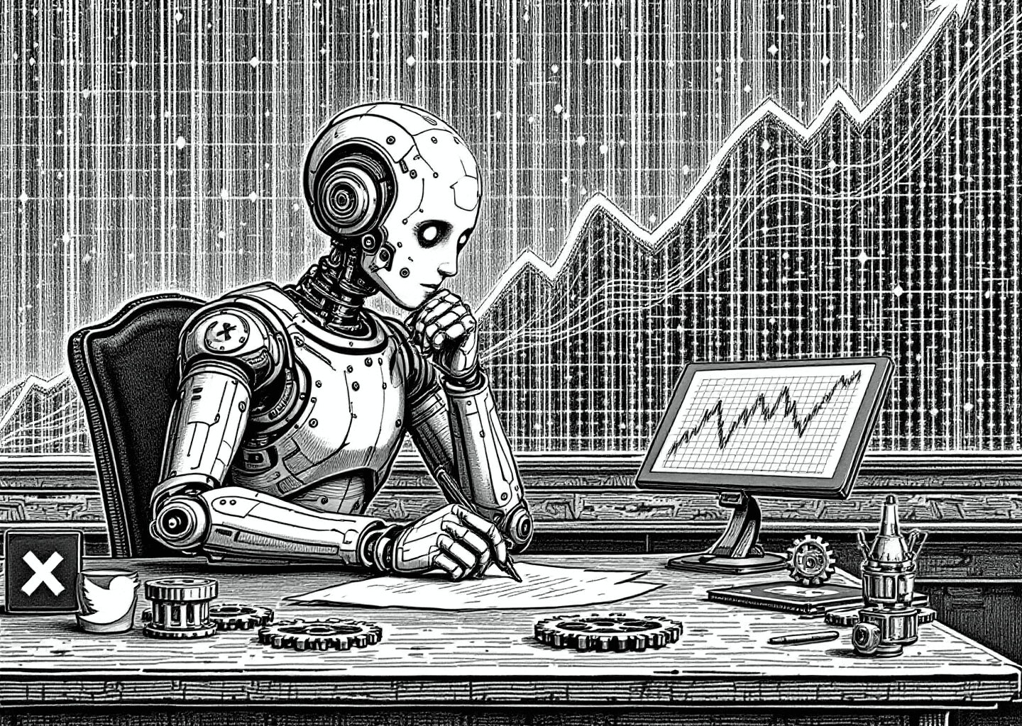 Victorian engraving style illustration of a thoughtful automaton figure at a writing desk. On the desk are gears and a small X/Twitter bird logo. In the background, a digital neural network pattern blends into a rising stock chart, symbolizing AI-driven growth.