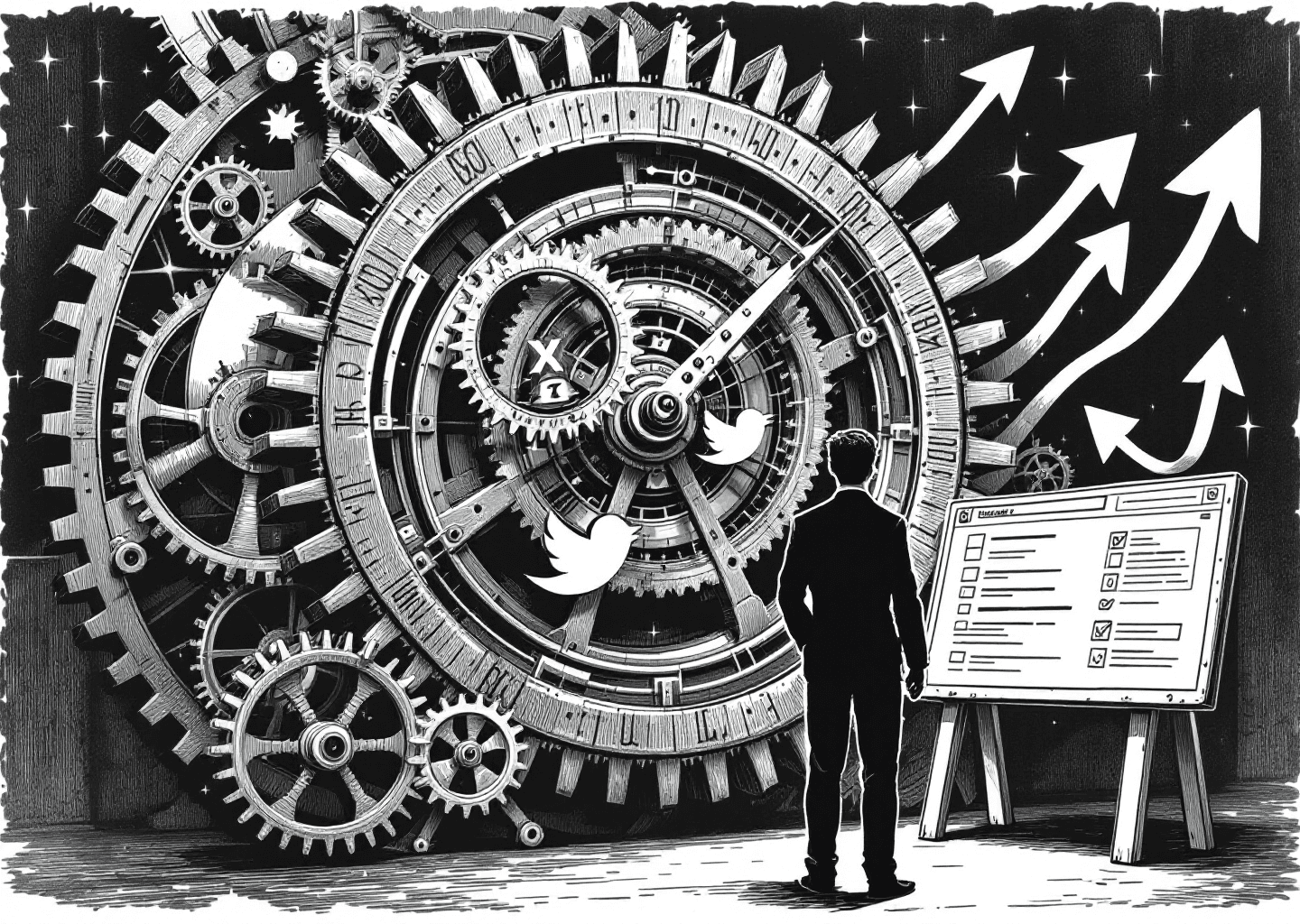 A Victorian engraving style illustration of a complex clockwork mechanism. Inside the gears, tiny X/Twitter logos and notification bells are visible. A silhouette of a person stands before a large dashboard controlling the mechanism, symbolizing the strategic control over time and content provided by a tweet scheduling tool. Upward trending arrows are subtly etched into the background.