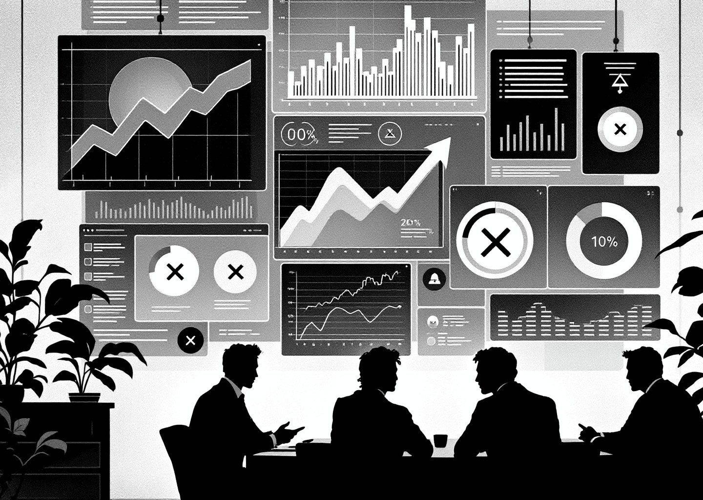 A Victorian engraving style illustration of a complex dashboard with multiple upward-trending charts and graphs. In the foreground, a silhouette of a team of professionals collaborates around a table. Abstract X logos and notification bell icons are subtly integrated into the background data visualizations. The overall mood is one of strategic insight and controlled growth.