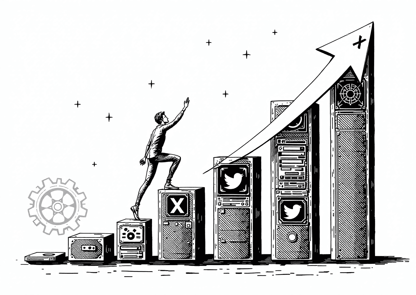 Victorian engraving style illustration of a figure climbing a growing bar chart made of X/Twitter timelines. In the background, subtle neural patterns and gears are visible. An upward arrow with the X logo is prominently featured. The style is clean, detailed, and symbolic of growth, technology, and social media.