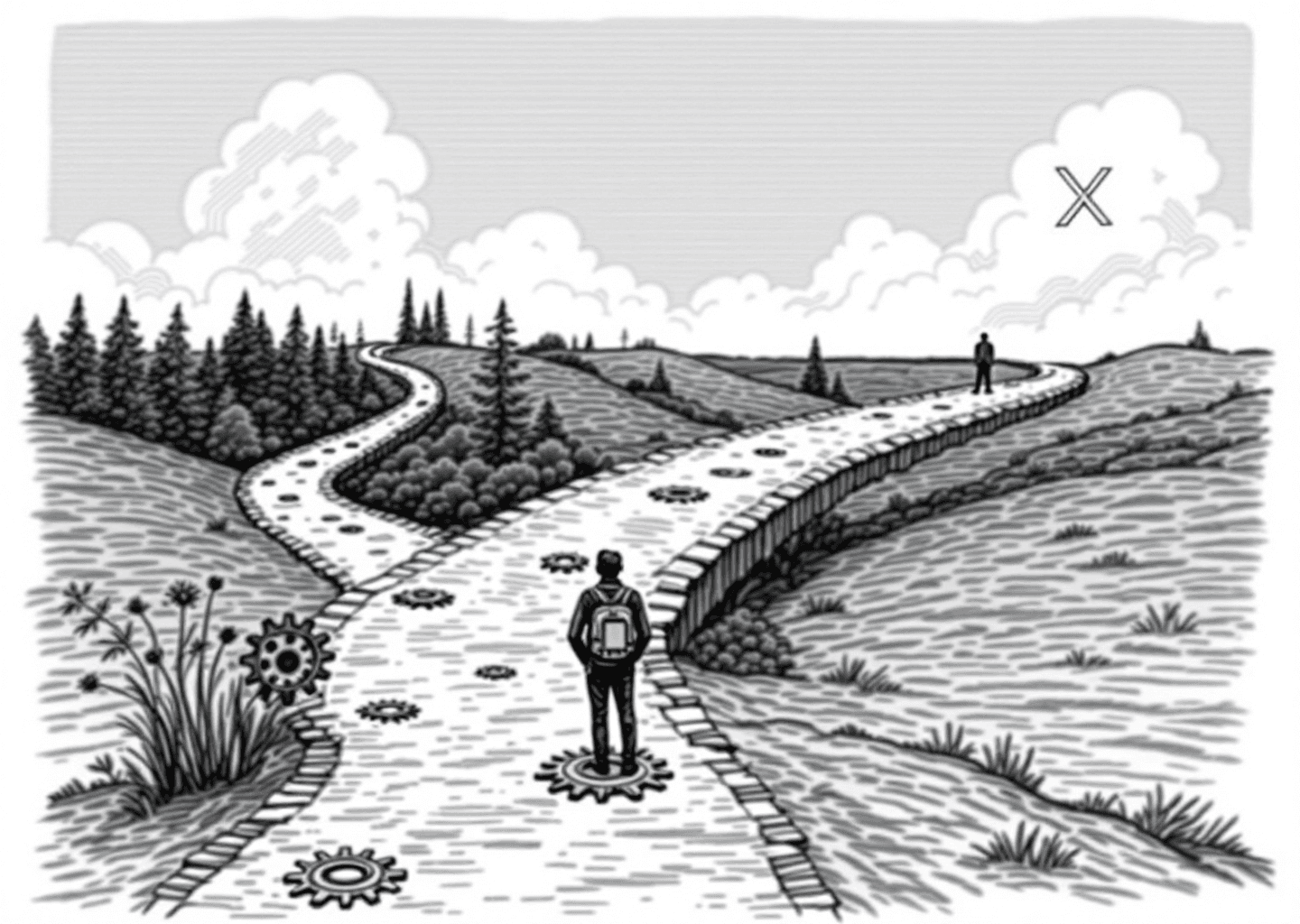 Victorian engraving style illustration of a figure at a crossroads, looking at a path paved with gears and upward-trending charts, while another path is overgrown. In the sky, subtle digital patterns and a stylized 'X' logo blend with clouds. The style is detailed, monochromatic, and symbolic of choosing the right tool for growth.