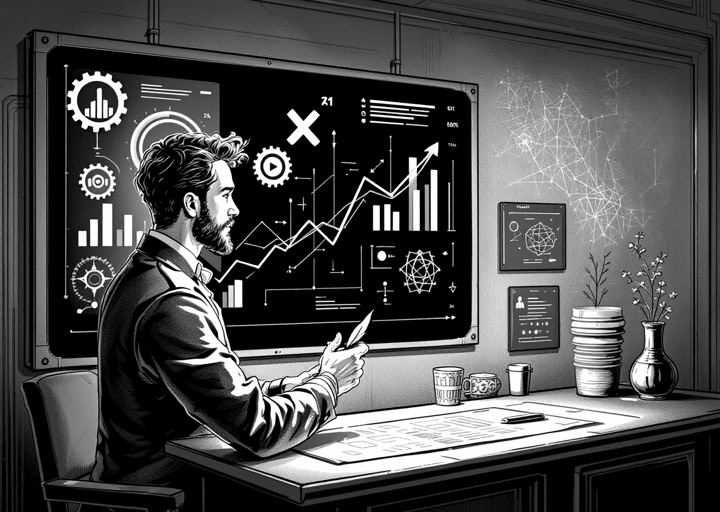 Victorian engraving style illustration of a startup founder analyzing a complex growth dashboard. The dashboard features an upward-trending line chart, integrated gears, and a glowing X logo. In the background, subtle neural network patterns are etched into the wall. The figure holds a quill that transforms into a digital cursor, symbolizing the blend of classic strategy and modern AI tools. Black and white, high detail, focused on growth and technology.