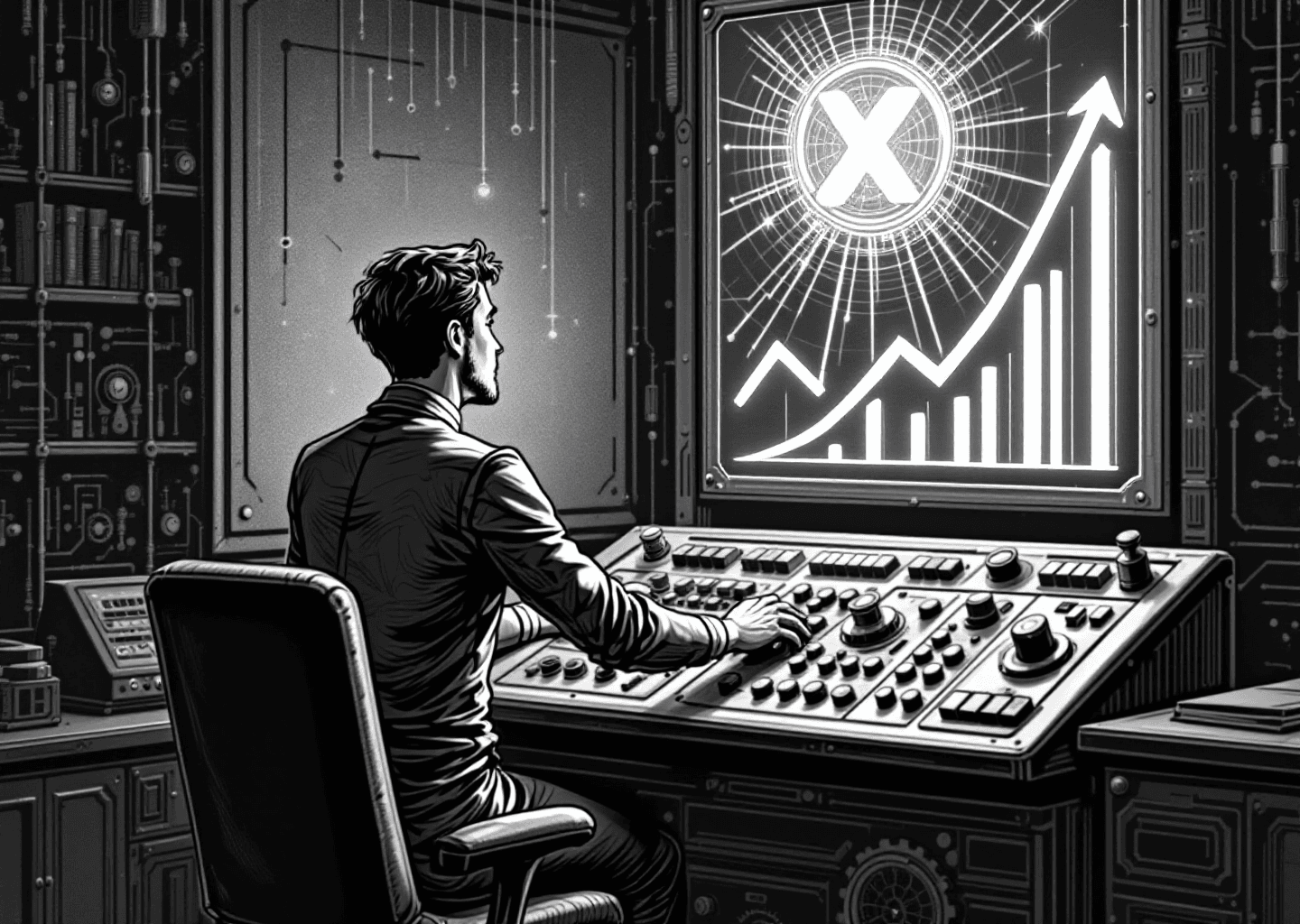 A Victorian engraving style illustration of a person at a complex control panel with gears and levers, representing a marketing tool. Above them, a glowing X logo is connected to an upward-trending chart. The background features subtle neural network patterns, blending classic and AI aesthetics.
