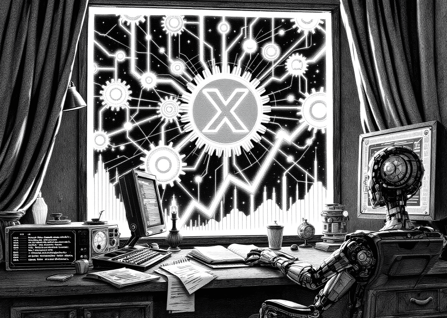Victorian engraving style illustration of a developer's desk. On the desk is a vintage computer displaying lines of code. Through a window, a vast network of glowing lines connects to a prominent X logo, surrounded by intricate gears and several upward-trending charts. A subtle, elegant robotic hand is seen adjusting one of the gears, symbolizing AI-powered automation and growth.