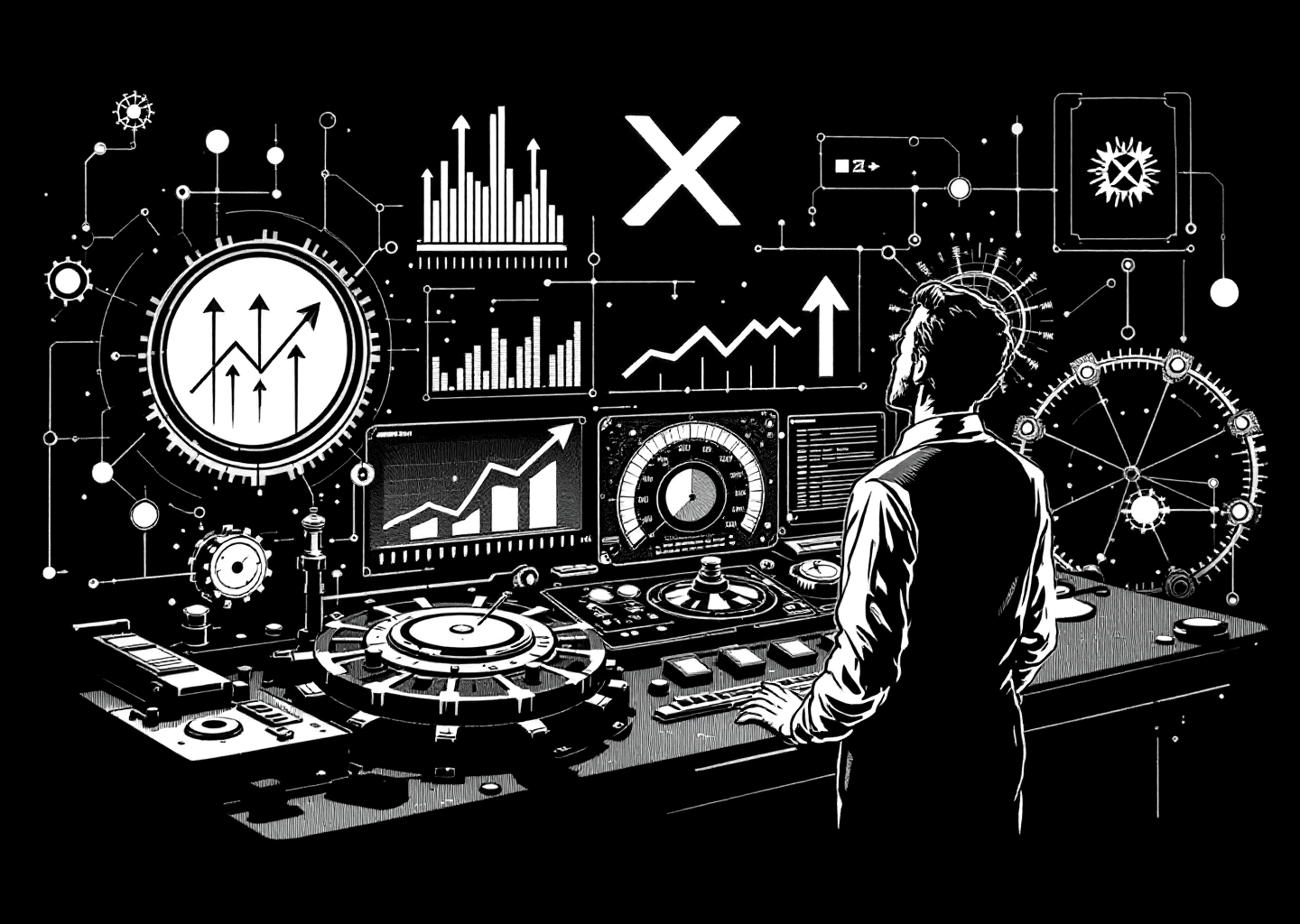 Victorian engraving style illustration. A figure stands before a complex dashboard with gears and levers, displaying glowing charts with upward arrows. In the background, a subtle neural network pattern blends with an abstract X logo. The style is detailed, monochrome, with an air of intellectual discovery and mechanical ingenuity.