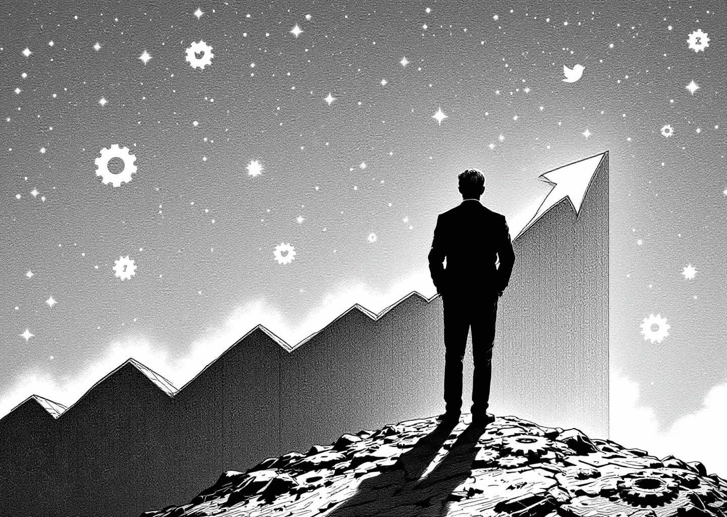 A detailed Victorian engraving style illustration. A founder's silhouette stands on an upward-trending stock chart that morphs into an X/Twitter timeline feed. In the background, subtle gears and neural network patterns are etched, symbolizing AI and tools. Notification icons float like stars in the sky. Clean, high-contrast black and white.