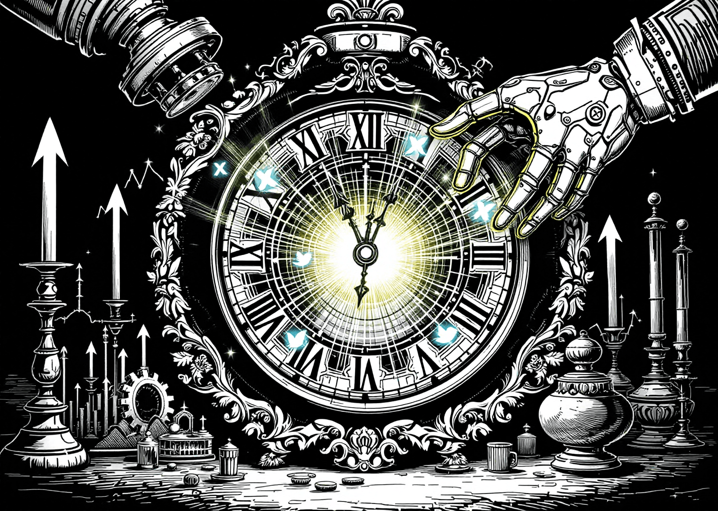 Victorian engraving style illustration. A large, ornate clock (representing scheduling like Buffer) is being cracked open by a glowing, robotic hand (representing AI). Inside the clock are not gears, but a swirling neural network pattern and small X/Twitter bird logos flying out. Upward trending charts are subtly etched into the background.