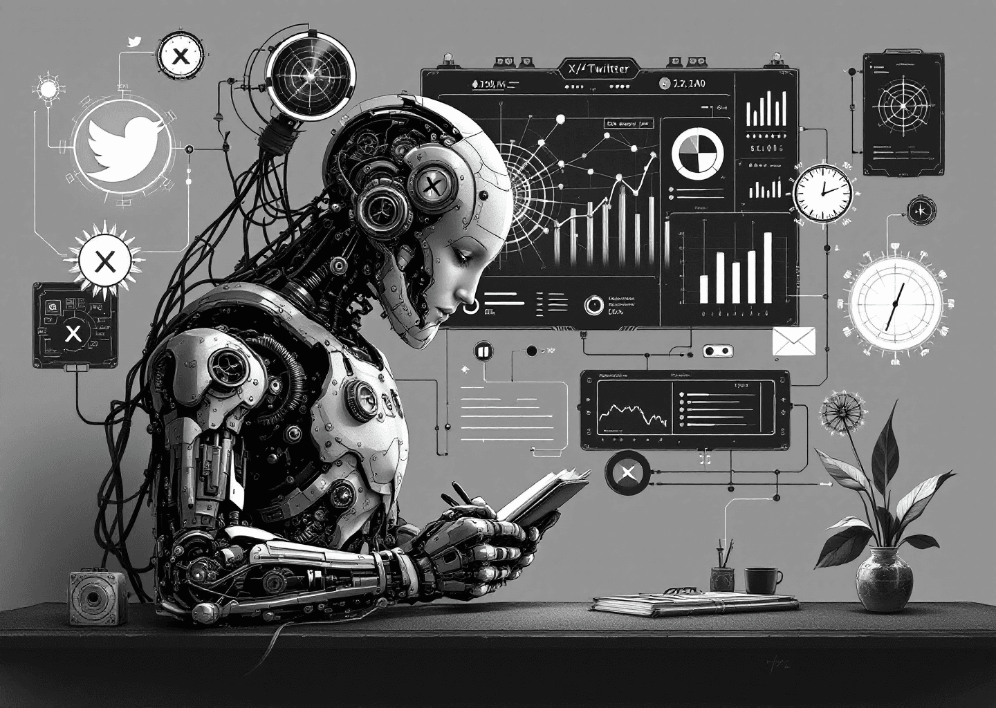 Victorian engraving style illustration. A central figure, half human and half intricate clockwork automaton, stands before a large, ornate dashboard. The dashboard displays glowing X/Twitter icons, upward-trending engagement charts, and neural network patterns. The human side of the figure is writing in a notebook, while the robotic arm is typing on a futuristic keyboard. The overall mood is one of strategic, intelligent creation.