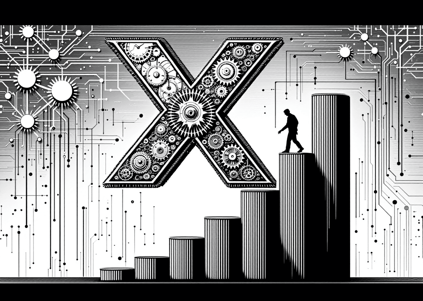 Victorian engraving style illustration. A central, prominent 'X' logo made of intricate clockwork gears. A silhouette figure is climbing a steep, upward-trending bar chart. In the background, subtle neural network patterns and abstract digital code blend into the engraved lines. The overall feel is one of precision, growth, and technological advancement.