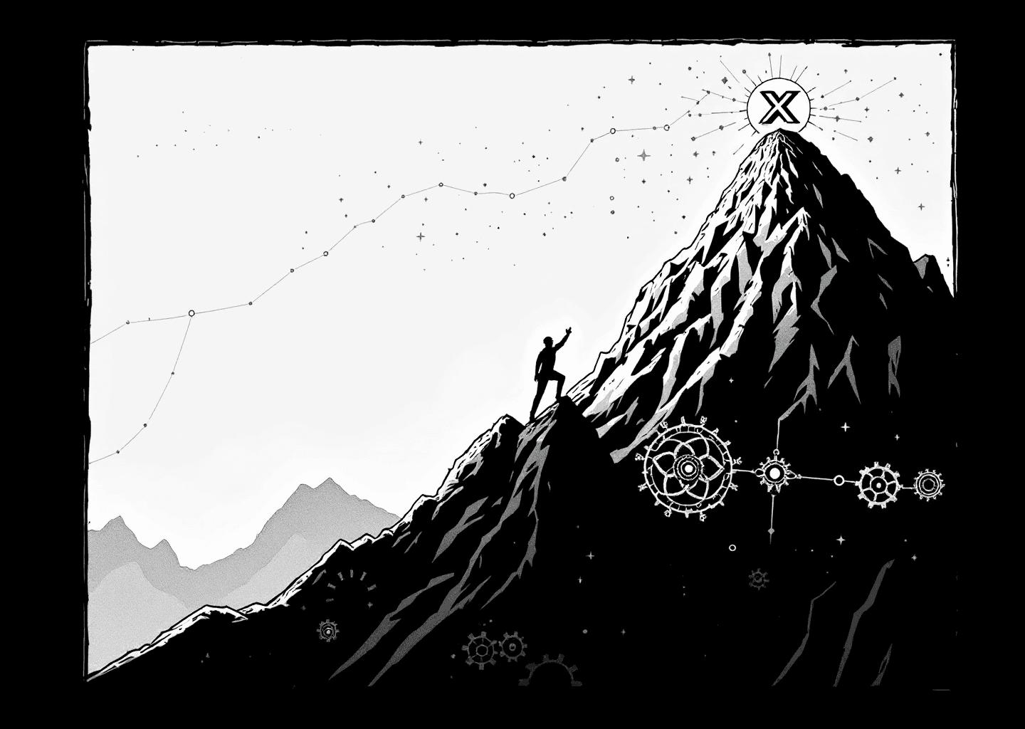 Victorian engraving style illustration. A determined silhouette figure is climbing a steep, upward-trending stock chart that morphs into a mountain. In the background, subtle neural network patterns and intricate gears are turning, symbolizing AI and systems. A stylized 'X' logo sits at the very peak of the mountain chart, representing the goal.