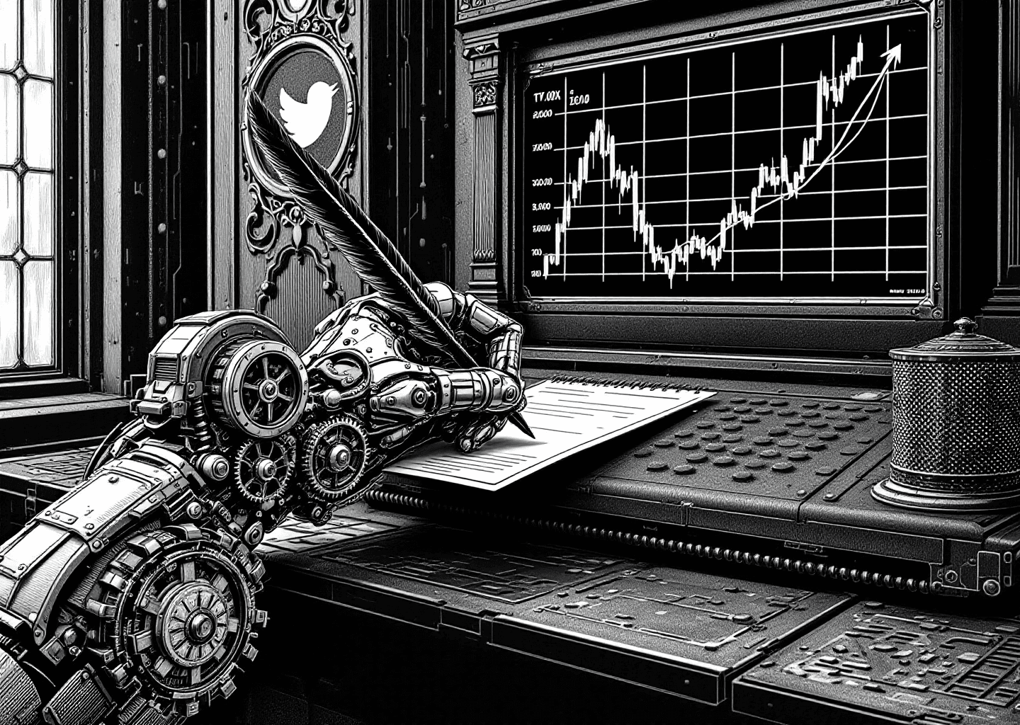 A Victorian engraving style illustration. A robotic hand, made of ornate gears and filigree, is writing on a classic Twitter-style timeline with a quill. In the background, a stock market ticker shows a chart with a strong upward arrow, symbolizing growth. The scene has subtle neural network patterns etched into the metal.