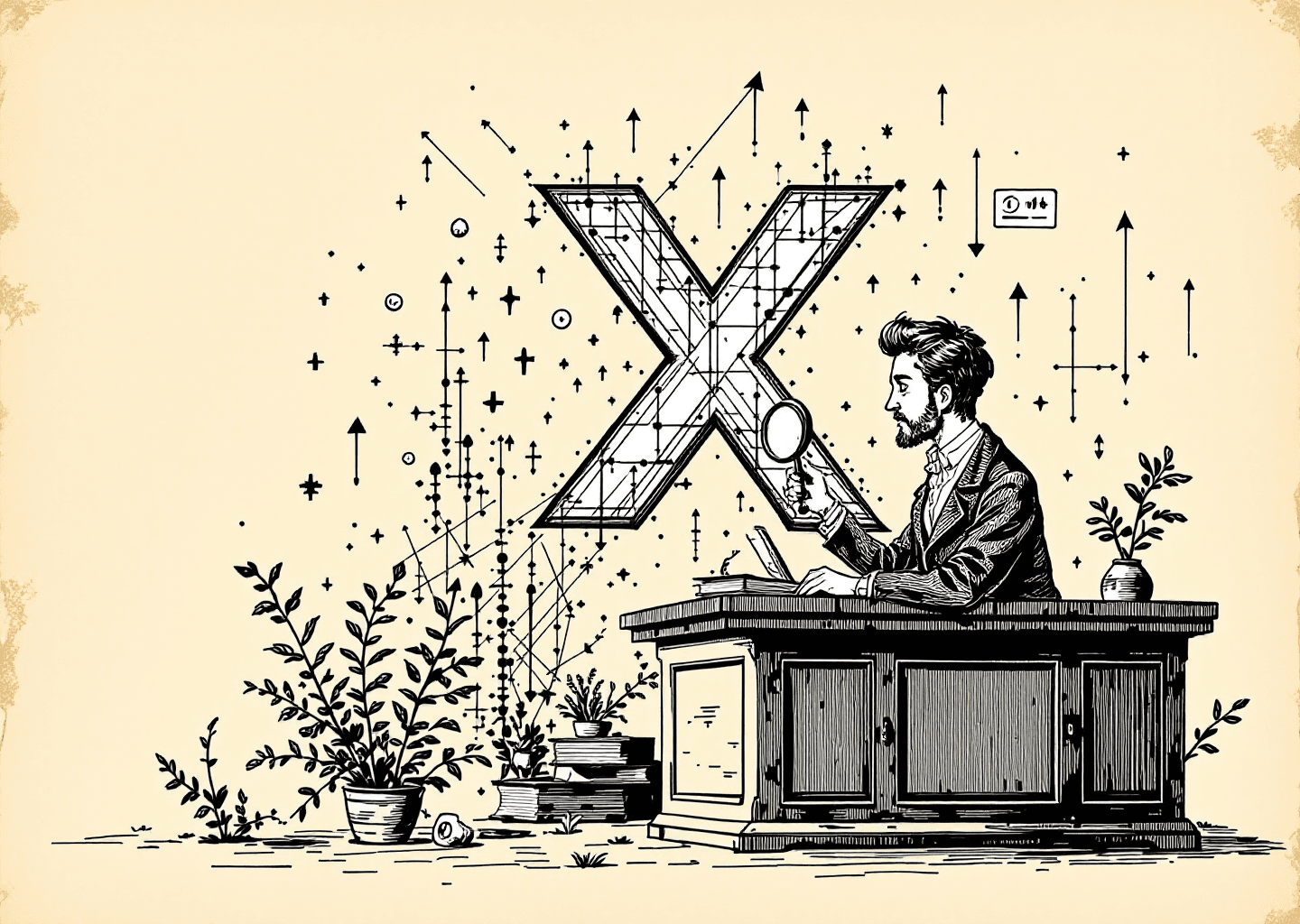 Victorian engraving style. A thoughtful analyst at a large wooden desk studies a giant, glowing X logo composed of interconnected data points and charts. The analyst holds a magnifying glass, examining the patterns. Upward-trending arrows and small notification icons float in the air. Clean, intricate black and white line work on a parchment background.