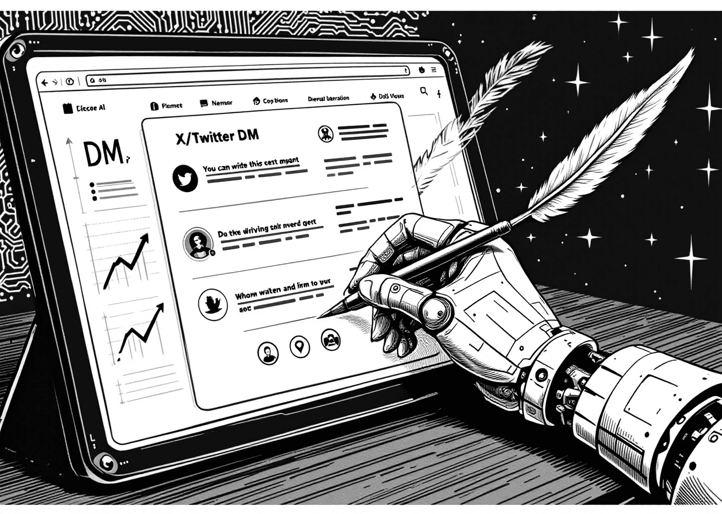 A Victorian engraving style illustration of a robotic hand writing a letter with a quill pen on a digital screen displaying an X/Twitter DM interface. In the background, there are subtle neural network patterns and upward-trending charts. The overall aesthetic is a blend of classic craftsmanship and futuristic AI technology.