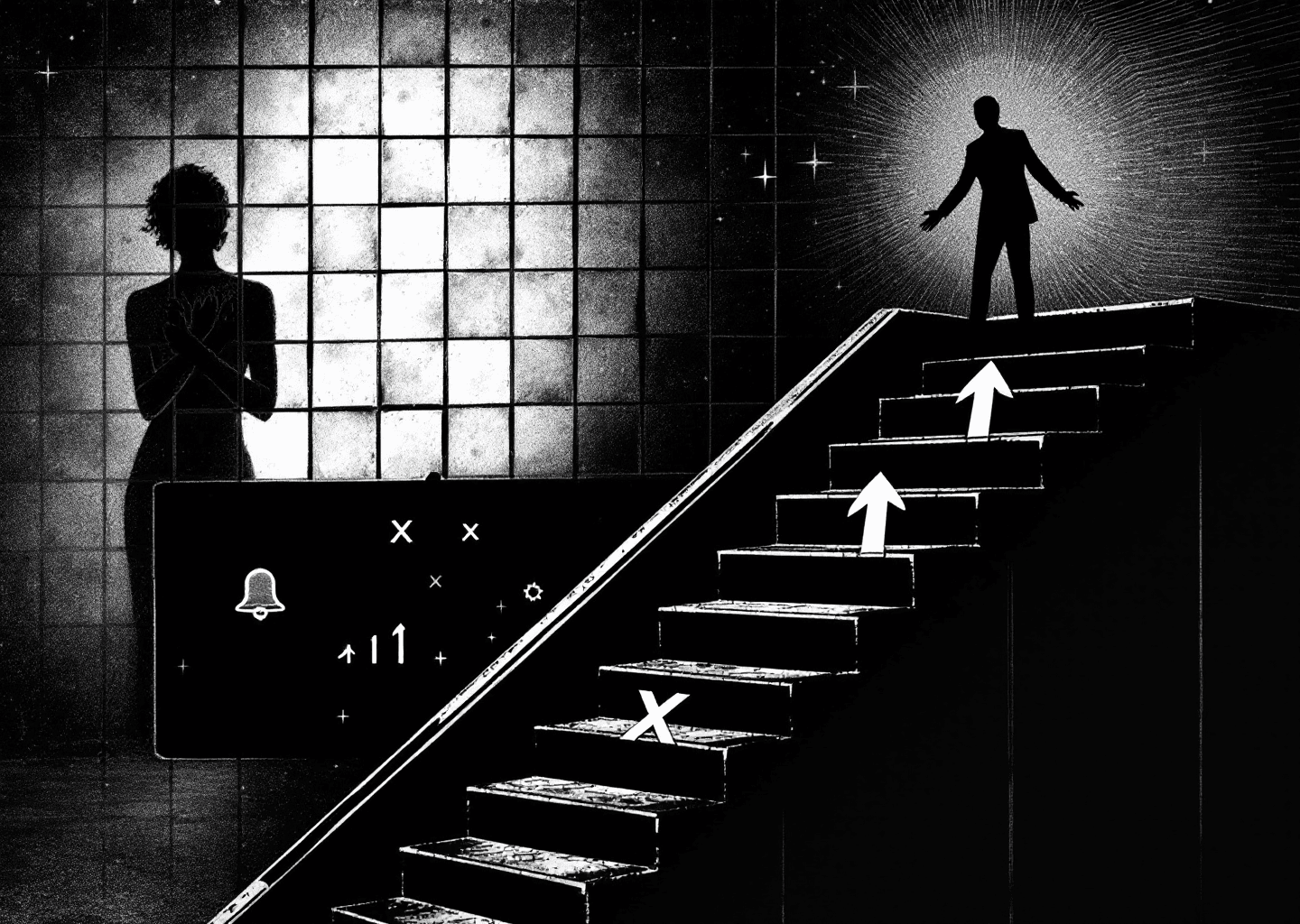 Victorian engraving style illustration. A shadowy, translucent figure is trapped behind a grid resembling a digital interface or social media timeline. In the foreground, a clear, confident silhouette figure ascends a staircase made of upward-pointing arrows and X logos. Subtle elements like notification bells and gear icons are woven into the background. The overall mood is a contrast between restriction and freedom/growth.