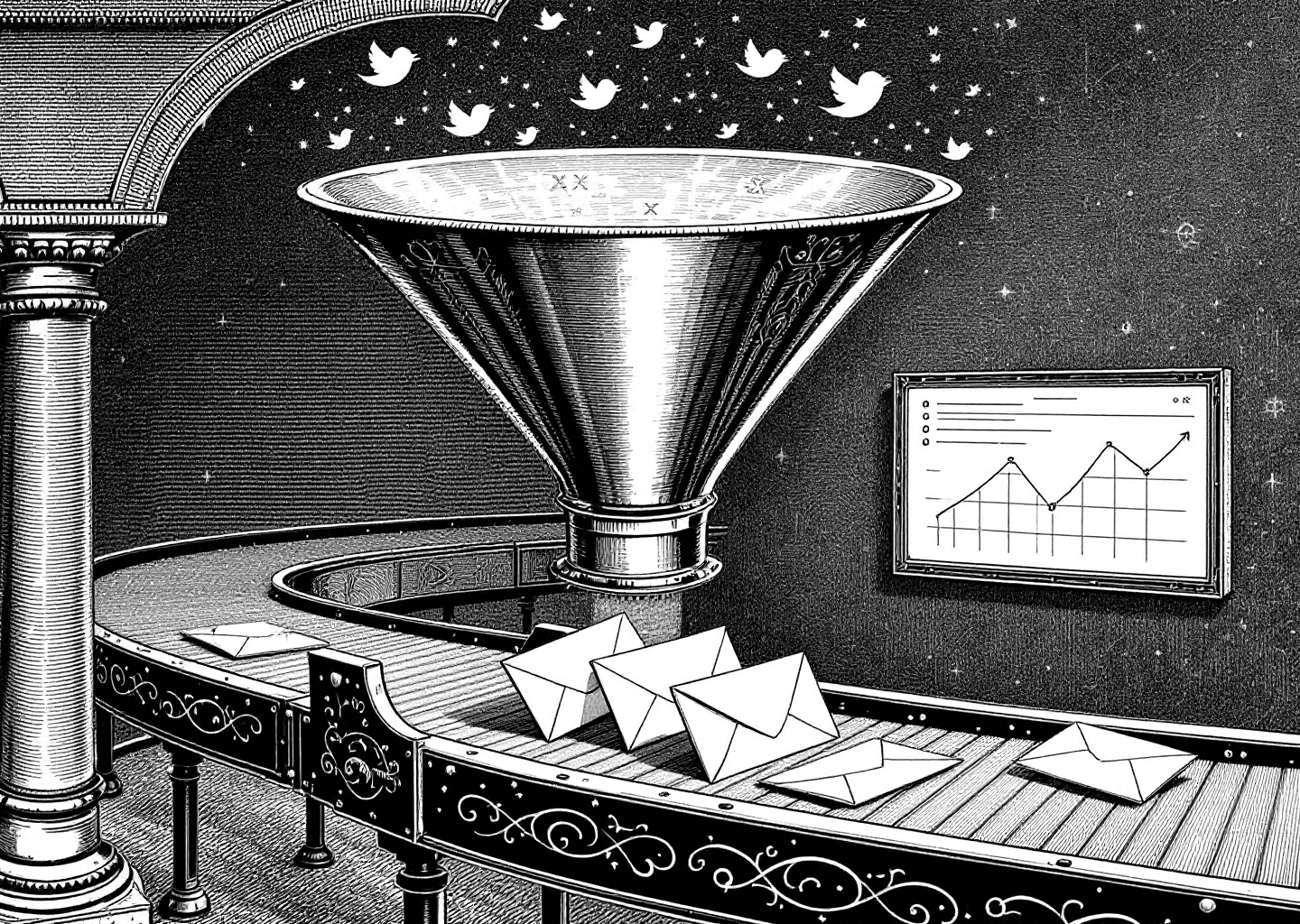 A Victorian engraving style illustration depicting a large, ornate funnel. At the wide top of the funnel, small, stylized X/Twitter bird icons are flying in. The funnel narrows, and at the bottom, sealed envelopes are emerging onto a conveyor belt. In the background, subtle elements of a growth chart and a faint neural network pattern are visible. The scene is monochromatic, detailed, and clean.