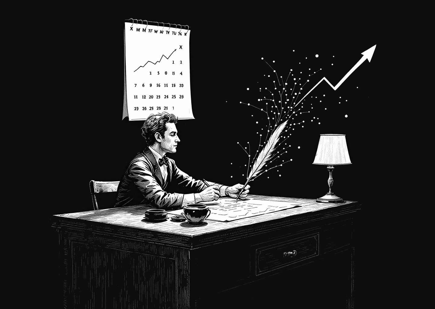 Victorian engraving style illustration of a figure at a large wooden desk. The desk has a calendar with X/Twitter logos on the dates. On the wall behind, a large growth chart with an upward arrow is visible. The figure is using a quill, but a subtle neural network pattern emanates from the ink, symbolizing AI-assisted creation. Soft, detailed linework.