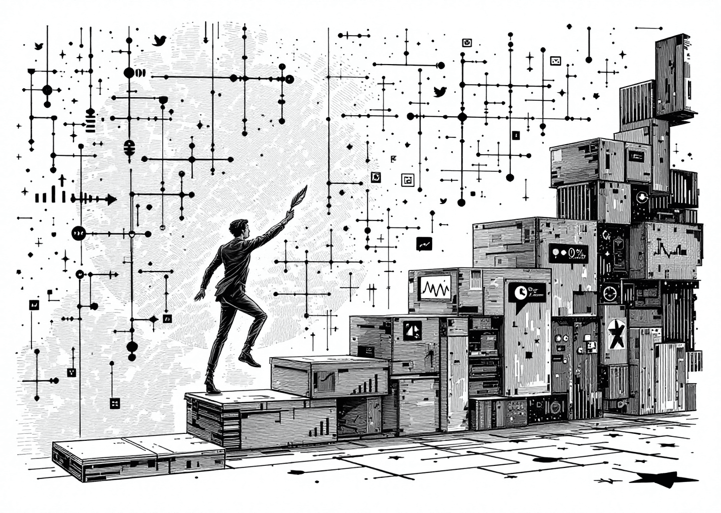 A Victorian engraving style illustration depicting a figure climbing a staircase made of X/Twitter post elements. In the background, a subtle neural network pattern glows, and upward-trending charts are etched into the walls. The figure holds a quill, symbolizing writing, while notification icons float around them like fireflies. The overall composition suggests growth and mastery over the platform.
