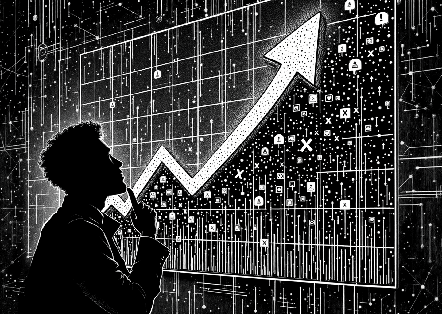 Victorian engraving style illustration. A thoughtful silhouette figure analyzes a large, intricate wall chart with a sharply upward-trending arrow. The chart's data points are composed of tiny X logos and notification bell icons. In the background, subtle neural network patterns are etched into the scene, suggesting AI-driven insight. The mood is one of analytical breakthrough and strategic growth.