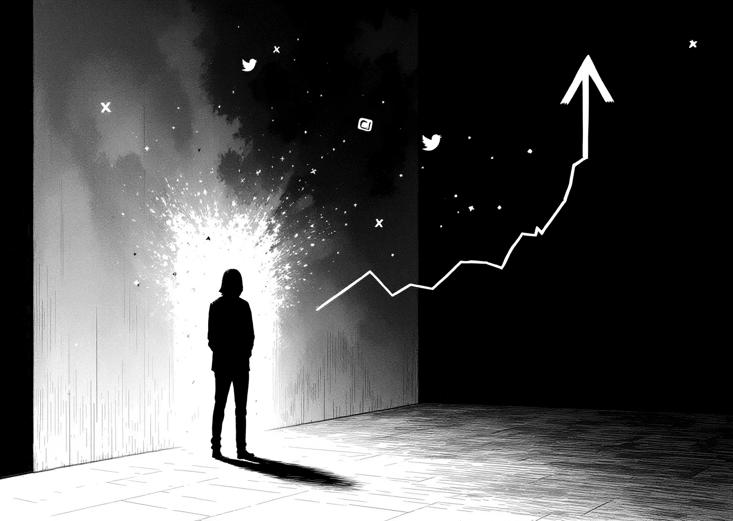 Victorian engraving style illustration. A solitary figure stands obscured in digital shadow, looking at a phantom X/Twitter feed. Faint, broken notification icons and dimmed X logos float around them. An upward chart arrow is shown breaking through the shadows, symbolizing recovery and growth. Minimalist, high-contrast, black and white.