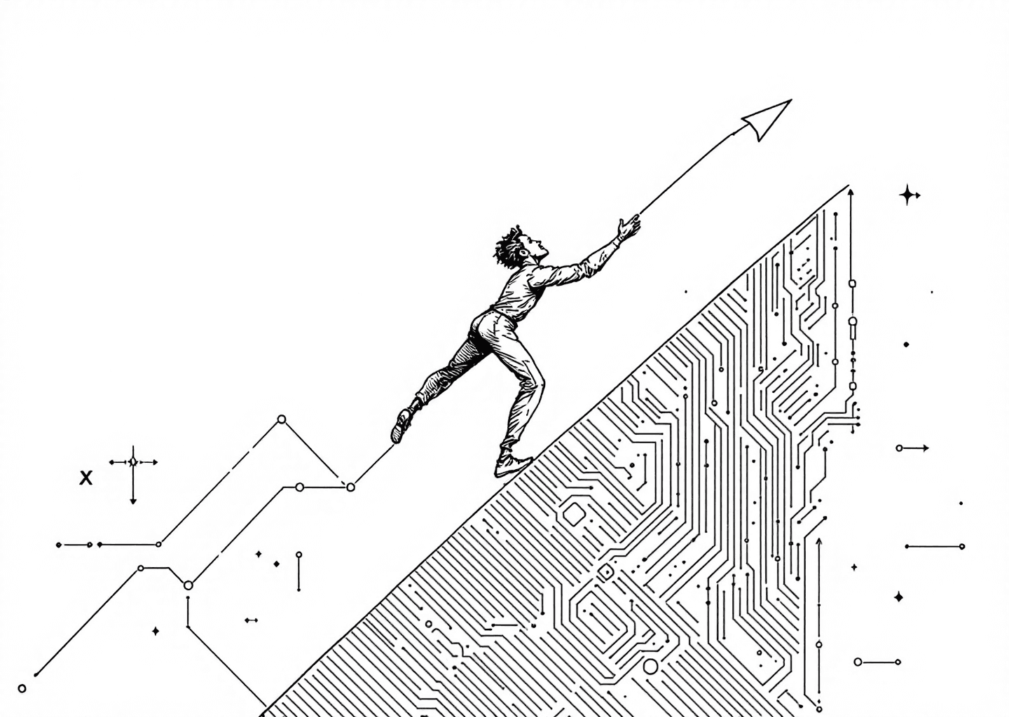 A Victorian engraving style illustration depicting a determined figure climbing a steep upward chart arrow. The background features subtle X logos and digital neural patterns, symbolizing AI-assisted growth on the platform. The overall tone is one of progress and strategic effort.