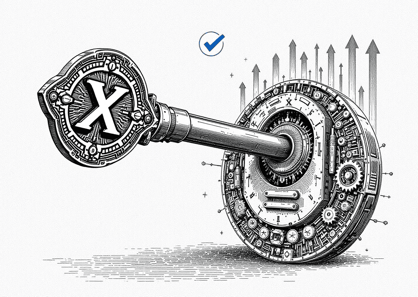 Victorian engraving style illustration. A large, ornate key with the X logo as its head is being inserted into a complex lock mechanism made of gears and digital circuits. In the background, faint ghostly images of a blue checkmark, a reply boost arrow pointing up, and a bar chart showing growth. Minimalist, clean lines, black on a parchment-colored background.
