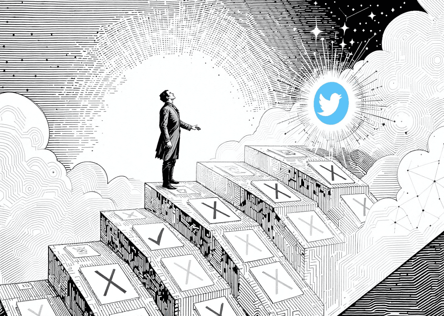 A Victorian engraving style illustration depicting a figure ascending a staircase made of X/Twitter icons. At the top, a glowing blue checkmark awaits. In the background, subtle elements of growth charts and neural network patterns are visible. The style is detailed, monochromatic, and authoritative.