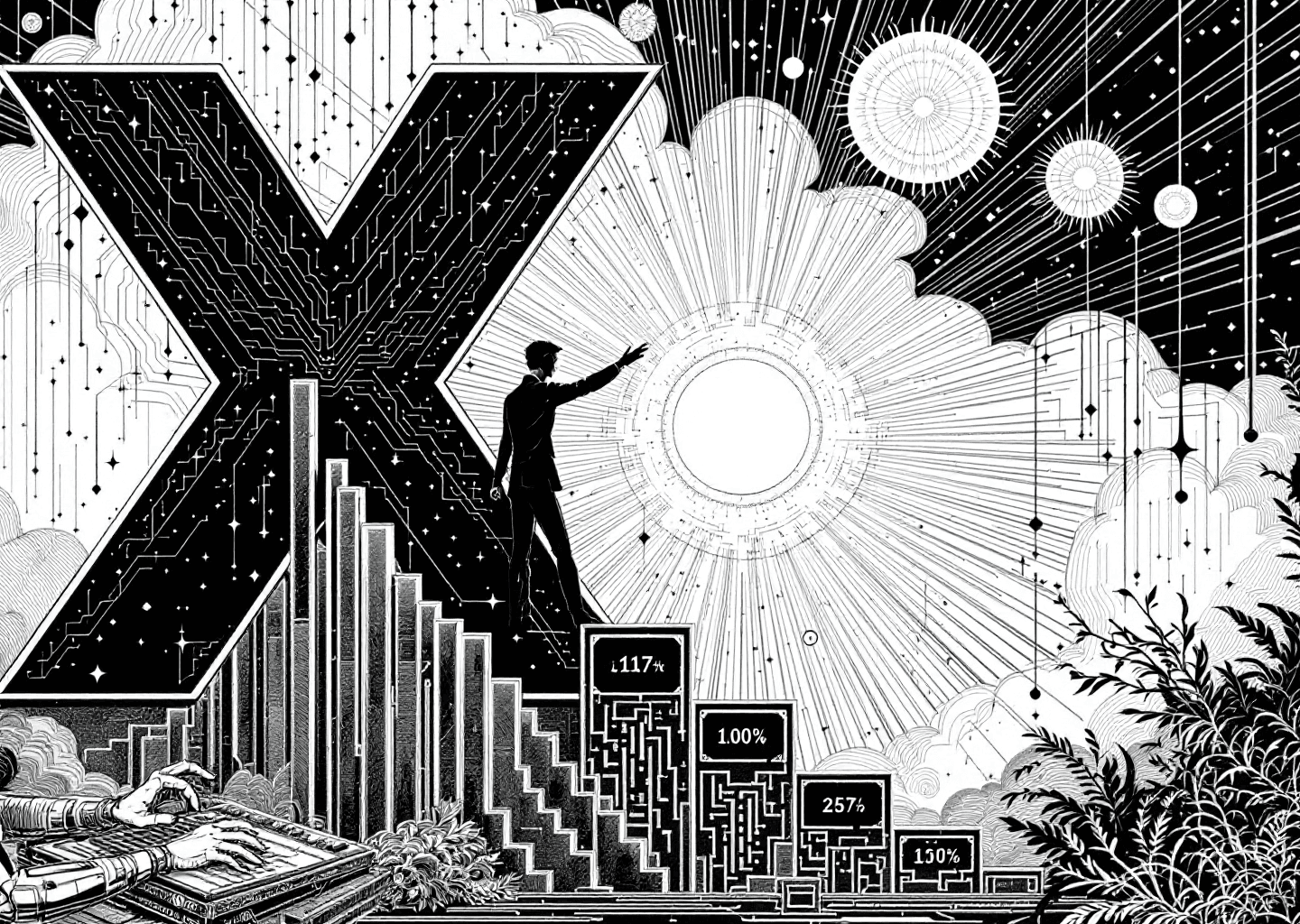 A detailed Victorian engraving illustration. A central figure, representing a creator, stands before a large, glowing X logo. From the logo, lines of data and neural patterns flow outwards. The figure is climbing a steep upward-trending bar chart. In the background, subtle elements like notification bells and robotic hands using a vintage keyboard are visible. The style is intricate, black and white, with a sense of intellectual pursuit and technological advancement.