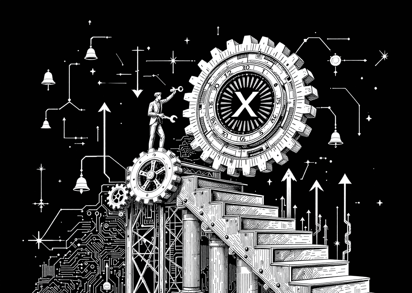 A Victorian engraving style illustration of a figure ascending a staircase made of data streams and charts. In the background, a subtle neural network pattern is visible. The figure holds a wrench and a gear, adjusting a large, intricate clockwork mechanism that features the X logo at its center. Upward arrows and small notification bell icons float around the scene, conveying growth and engagement. The overall aesthetic is detailed, intellectual, and symbolic of using tools and AI to master the platform.