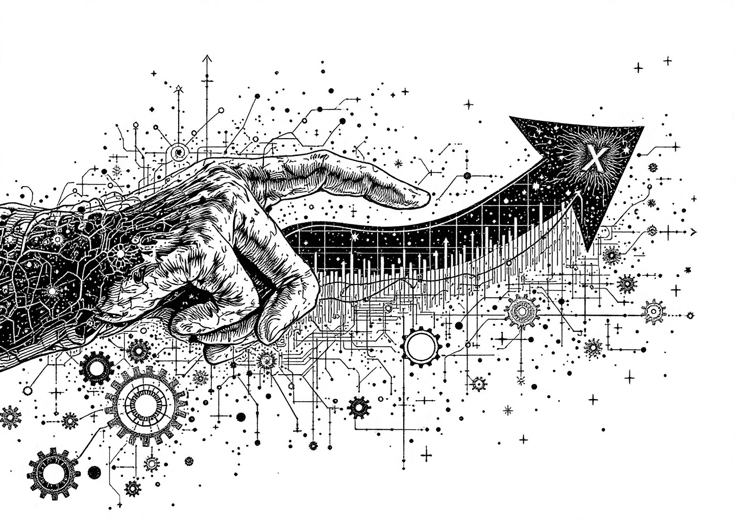 Victorian engraving style illustration of a detailed hand pointing towards a stylized 'X' logo. An upward-trending graph arrow emerges from the logo, representing a rising click-through rate. Subtle neural patterns and gears are etched into the background, blending organic growth with technical strategy.