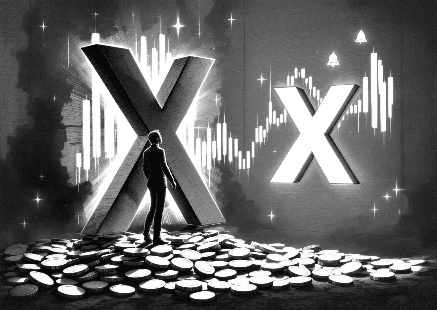 A Victorian engraving style illustration showing a figure standing on a pile of coins, looking at a large, glowing X logo. In the background, an upward-trending stock chart is etched into the wall, and subtle notification bell icons float in the air. The style is detailed, monochromatic, and authoritative.