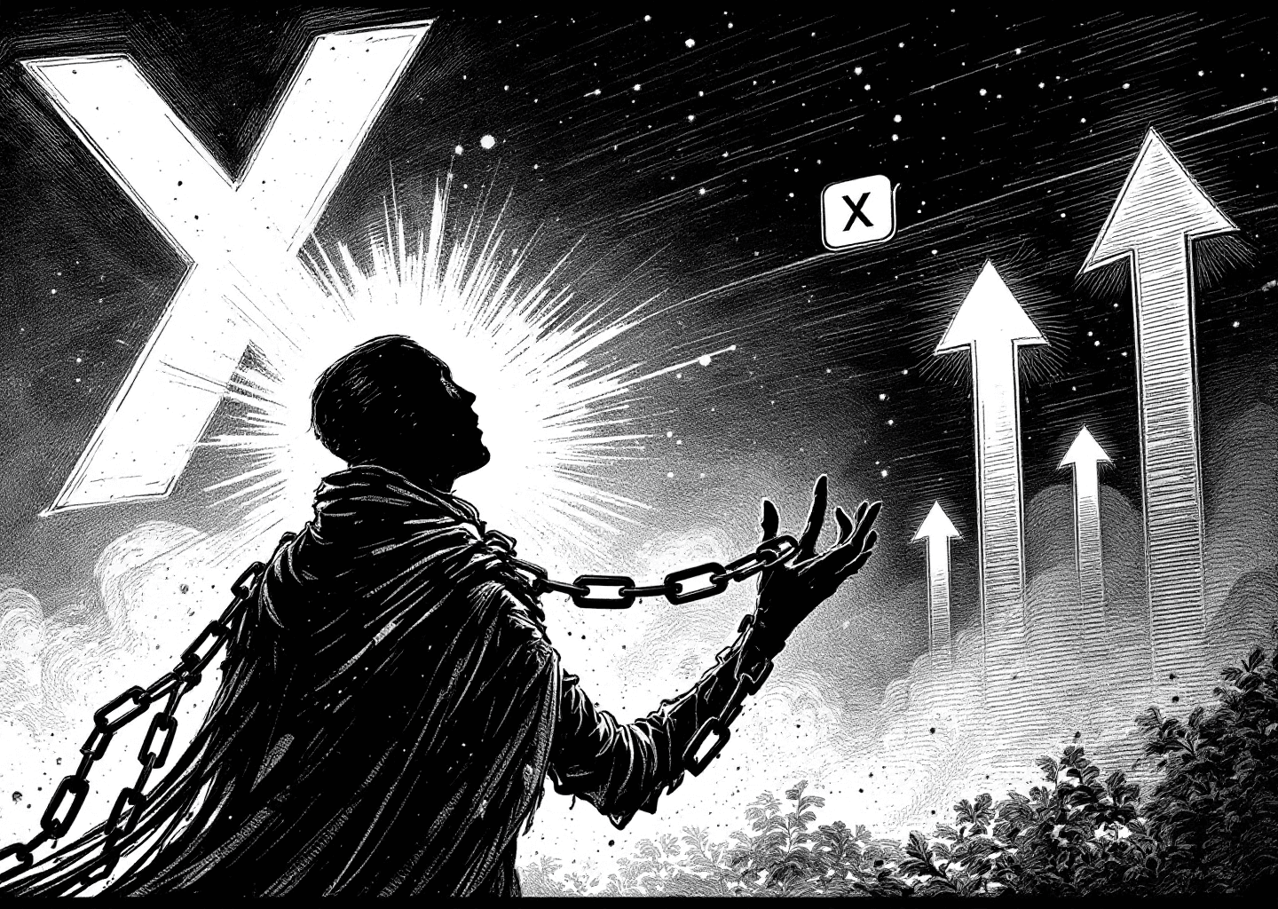 Victorian engraving style illustration of a ghostly silhouette figure (representing a shadowbanned user) trying to break free from digital chains. In the background, a subtle X logo is visible, with faint lines representing a timeline. Upward-pointing arrows and a glowing notification icon are just out of the figure's reach, symbolizing lost growth and engagement. The style is detailed, with intricate cross-hatching.