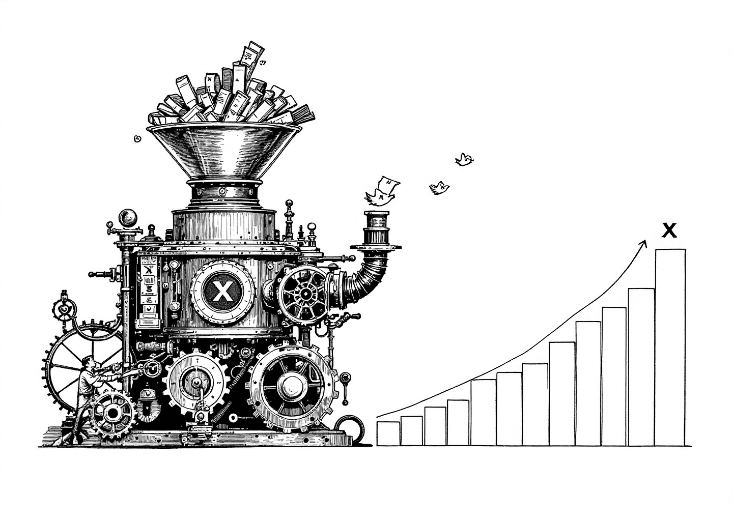 A Victorian engraving style illustration showing a figure at a large, ornate machine. The machine has a funnel on top where books and scrolls ('pillar content') are being fed in. On the side, a series of pipes releases small, bird-like paper icons with the X logo, which fly upwards on a growth chart. The machine has gears and levers, representing tools and process. The overall aesthetic is industrious and intelligent.