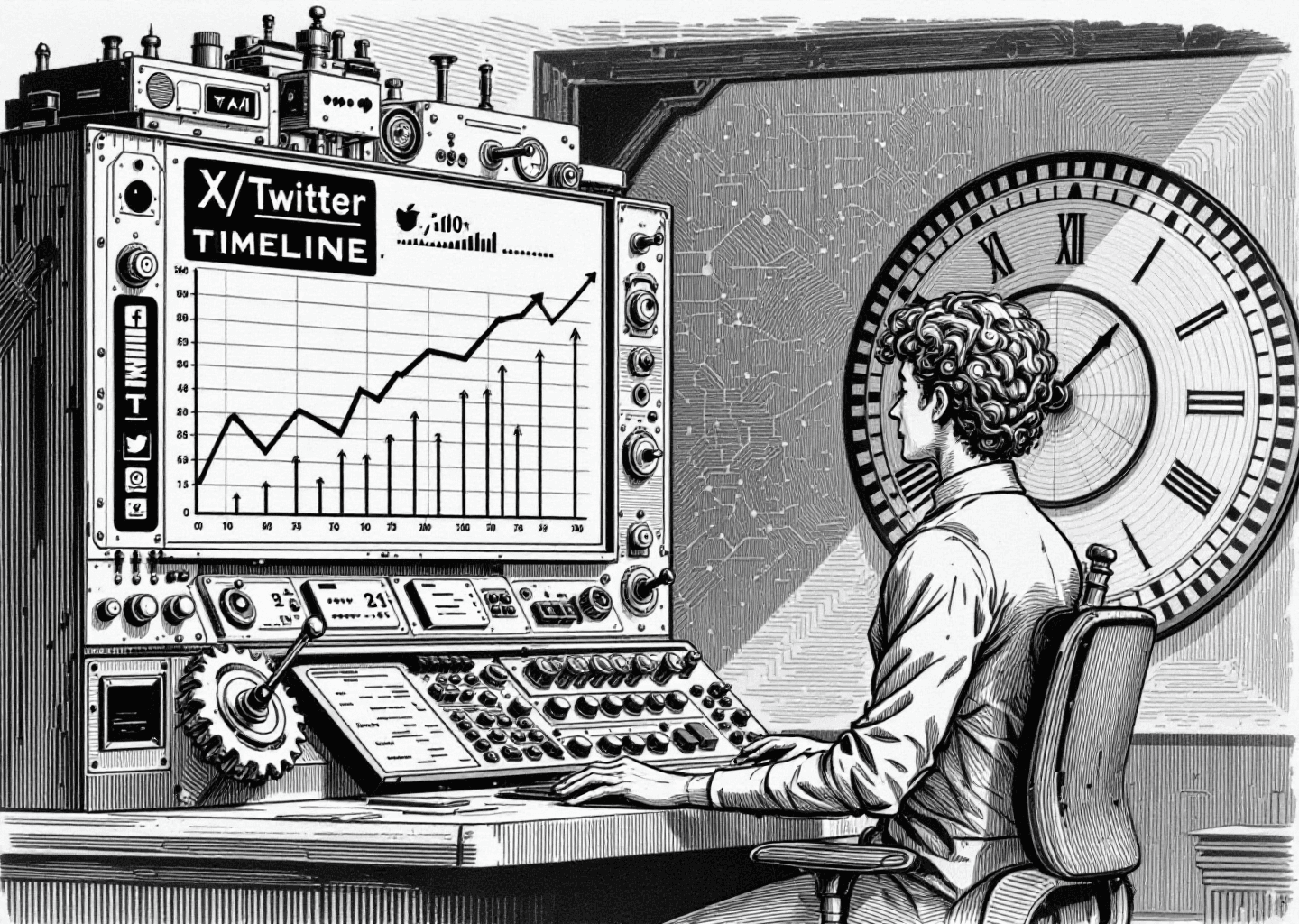 Victorian engraving style illustration of a figure at a complex control panel with gears and levers, representing a scheduling tool. The panel's screen shows an X/Twitter timeline with upward-trending charts. In the background, a large clock face is intertwined with neural network patterns, symbolizing AI-driven timing and growth.