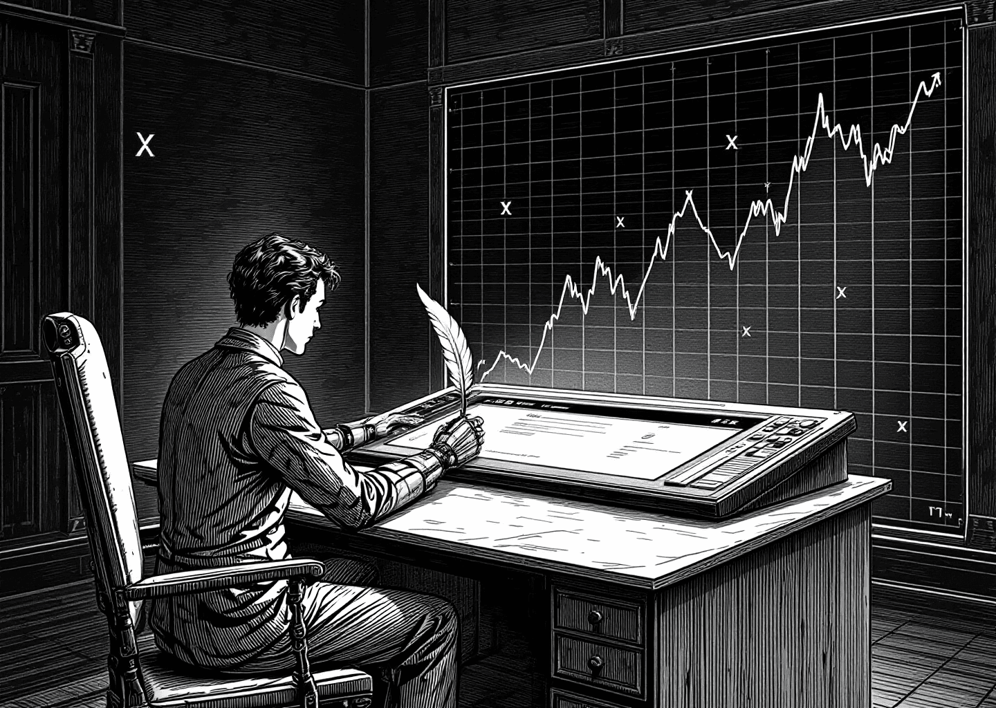 A Victorian engraving style illustration of a person at a large wooden desk. On the desk is a futuristic, glowing interface resembling an X/Twitter timeline. A robotic arm with a quill pen is autonomously writing and placing tweets onto the timeline. In the background, an upward-trending stock chart is etched into the wall, with subtle X logos integrated into the pattern.