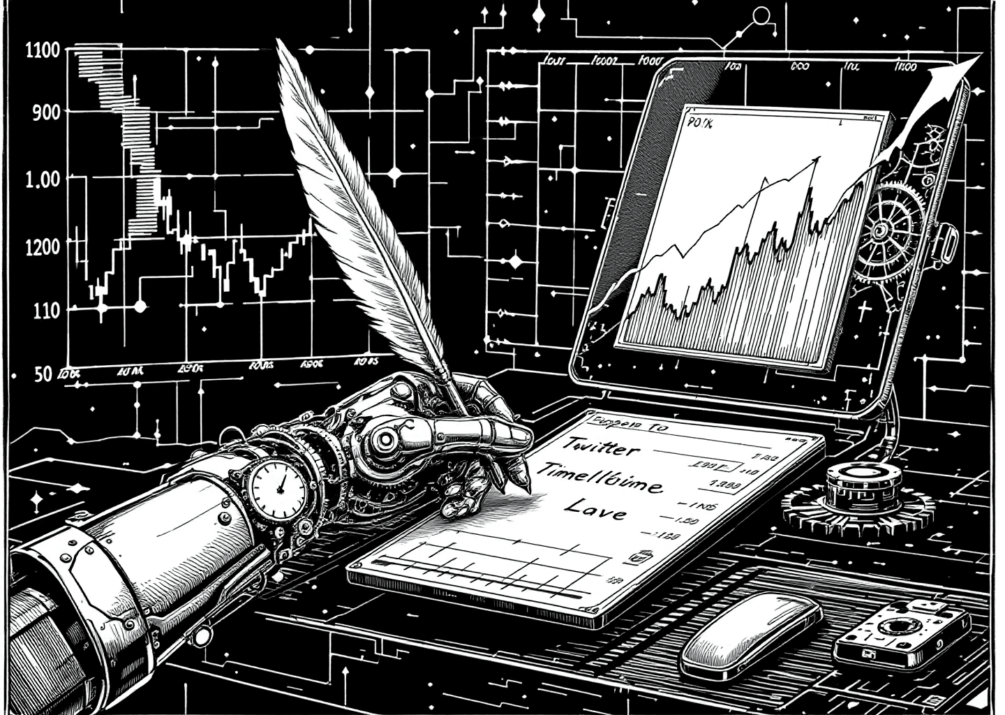 A Victorian engraving style illustration of a robotic hand made of intricate clockwork gears, holding a quill pen that is writing on a digital X/Twitter timeline. In the background, there are subtle neural network patterns and an upward-trending stock chart. The style is clean, detailed, and authoritative.